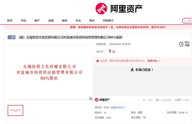 有人起拍价1元拿下江苏一家公司80%的股权，相关负责人：尚未交接