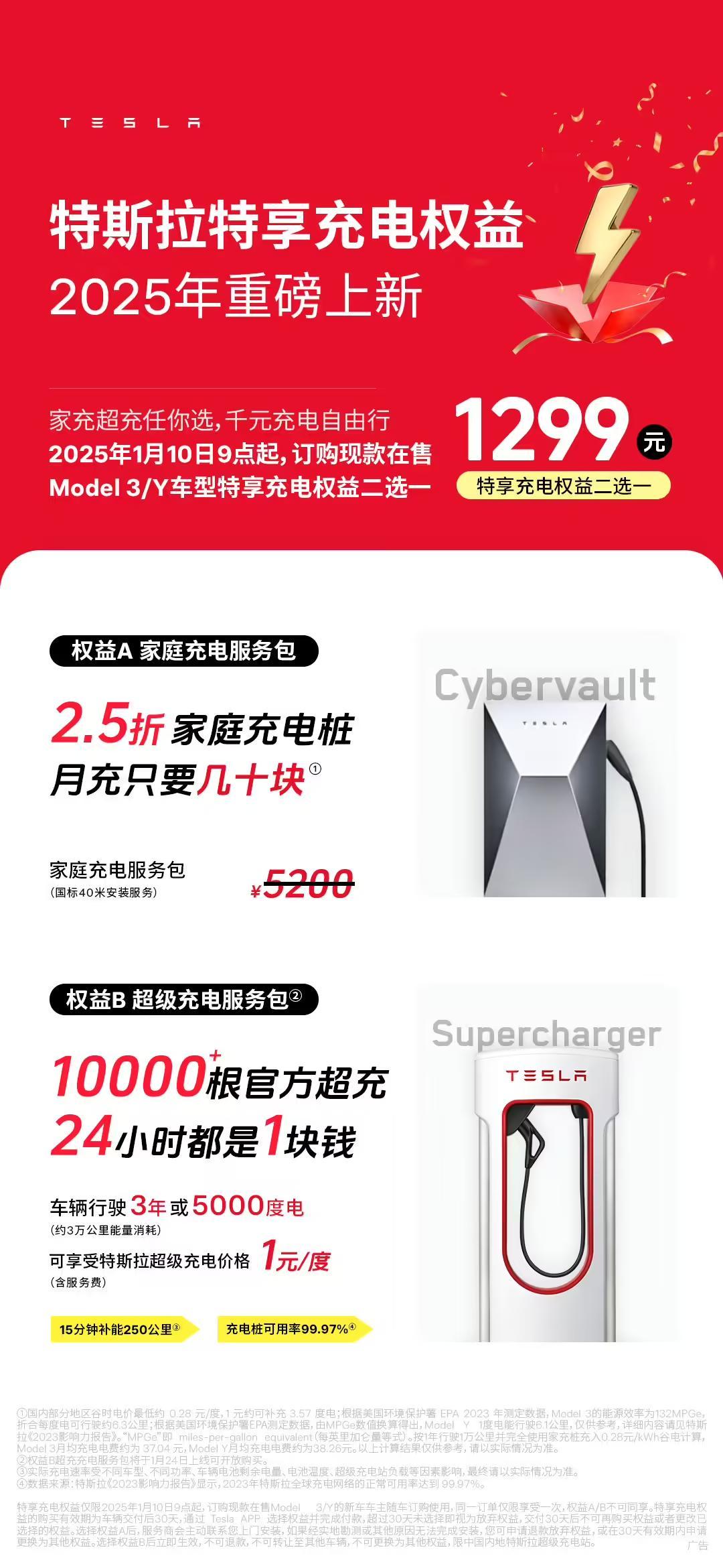 特斯拉推出Model 3/Y新车主1299元权益二选一：家充桩或3年3万公里1块钱/度电