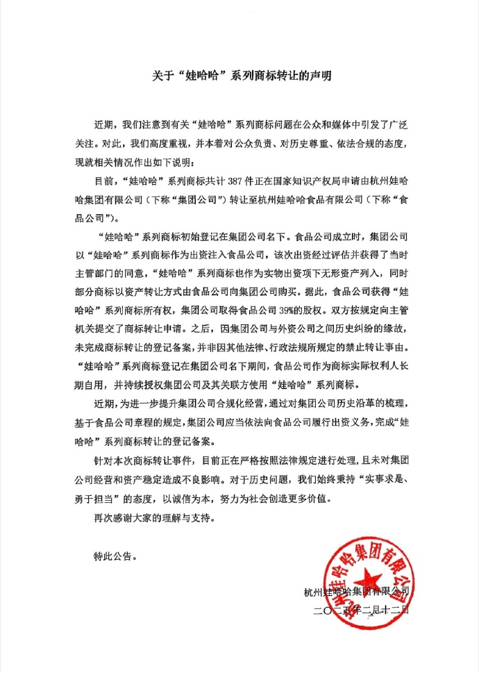 娃哈哈集团正式回应商标转让：387件商标申请转让至食品公司