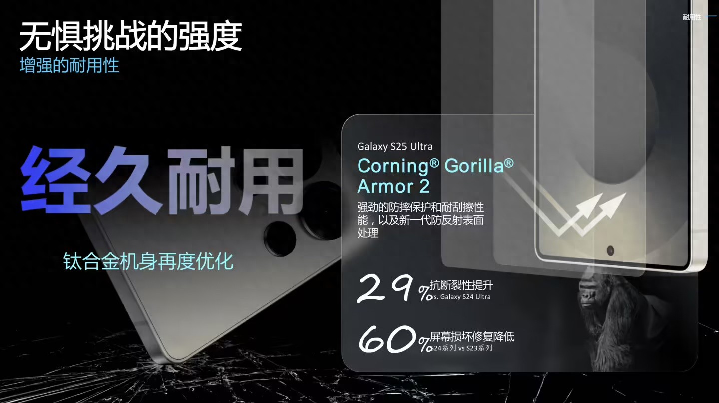 三星Galaxy S25 Ultra手机首发康宁Gorilla Armor 2：更抗摔